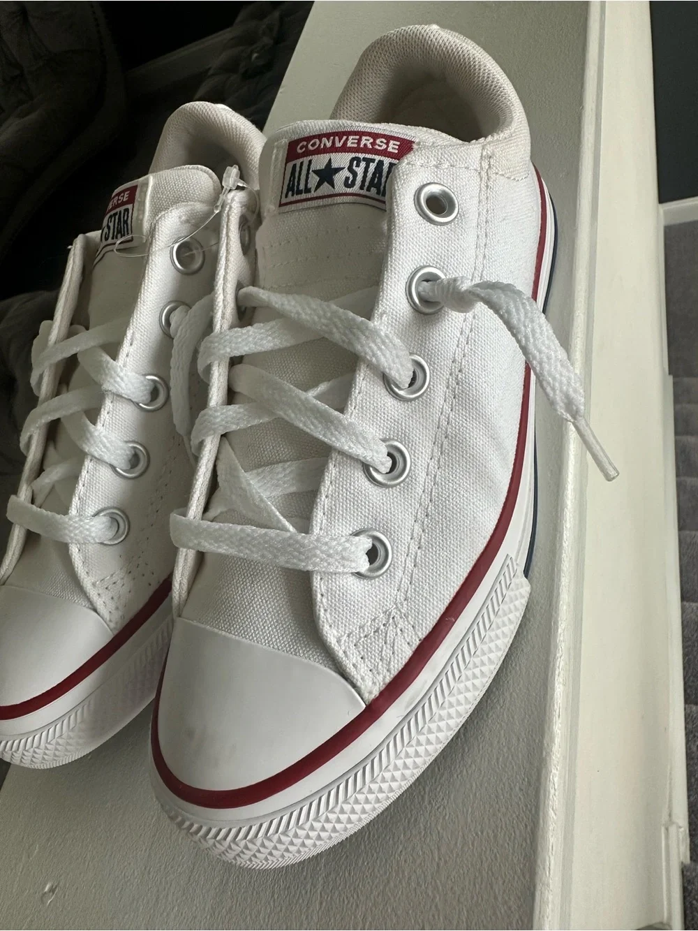 Converse Kids White Low Top Sneakers with Red Trim